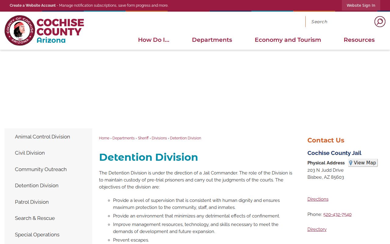 Cochise County arrest lookup Detention Division information