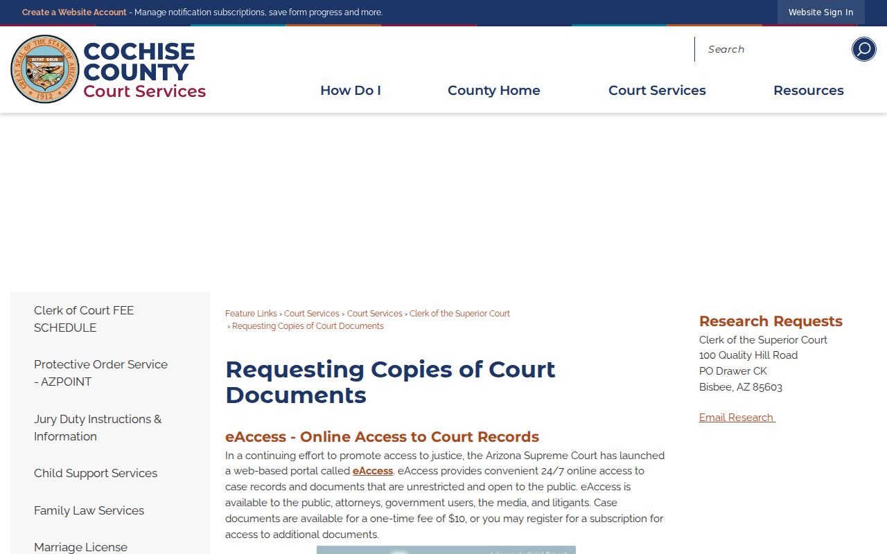Cochise County criminal court document copy request page