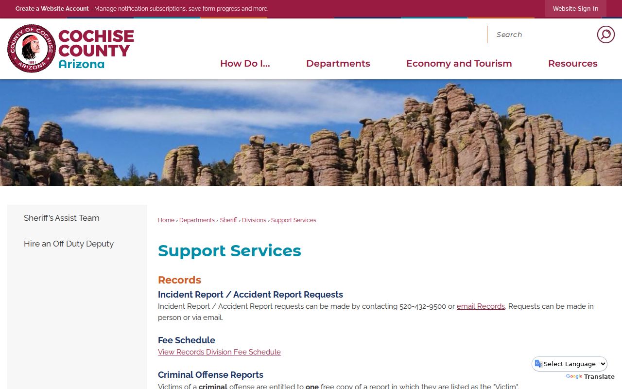 Cochise County Sheriff Support Services criminal report request instructions