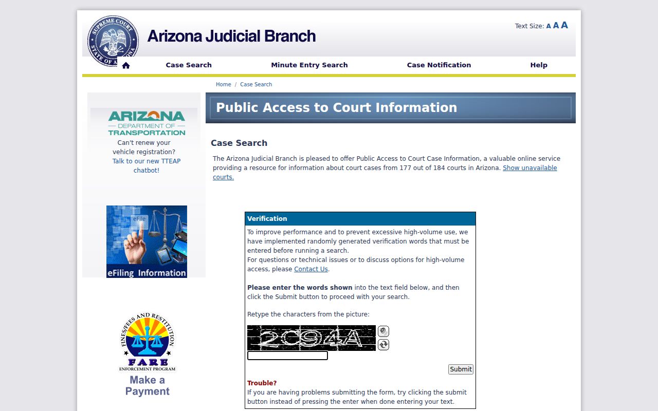 Arizona Public Access search for Cochise County criminal court records