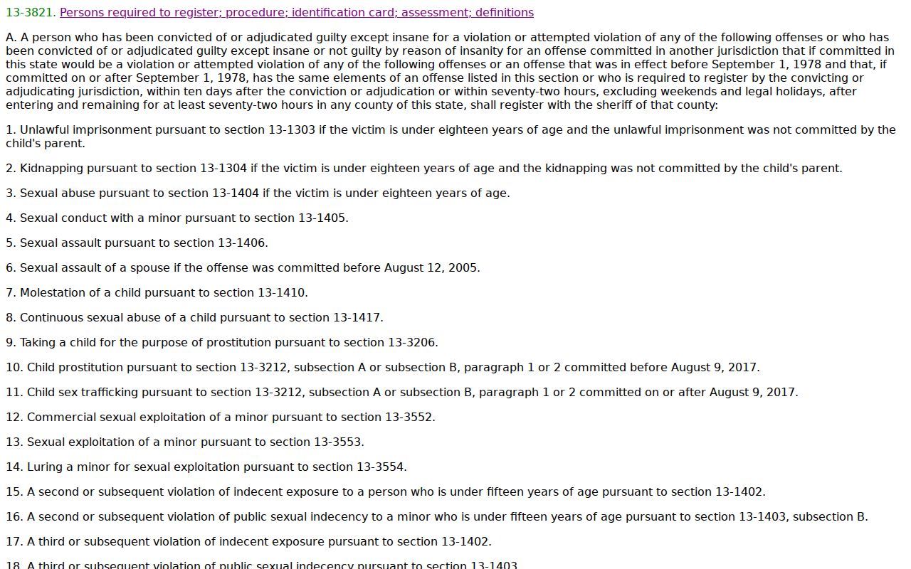 Cochise County sex offender registration procedure statute